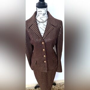 St. John Brown Metallic Pinstripe skirt suit size 6 jacket size 8 skirt